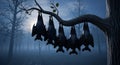 Bats Hanging Upside Down on a Tree Branch in a Dark Forest Royalty Free Stock Photo