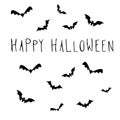 Bats and happy halloween hand lettering text banner for october holidays. Vector illustration.