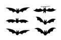 Bats icon set. Bat black silhouette with wings isolated white background. Symbol Halloween holiday, mystery cartoon dark Royalty Free Stock Photo
