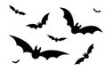 Bats icon set. Bat black silhouette with wings isolated white background. Symbol Halloween holiday, mystery cartoon dark