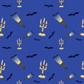 Bats, lanterns and candelabras on a blue background, Halloween
