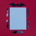 Bats lined up around a white background for copy space, all on a red background. Halloween flat lay scene