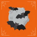 Cartoon horror black bats group flying by the fool moon vector halloween illustration