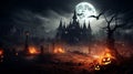 Bats in the night and a castle with a Halloween pumpkin inside of flames in the cemetery make up the background of this Halloween