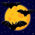 Bats with red eyes against the background of the moon and the night sky. Creepy illustration. Halloween. Vector