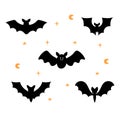 Bats set. Cartoon characters for Halloween decorations. Collection of hand drawn black silhouettes of bats Royalty Free Stock Photo