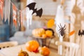 Little bats and spiders made out of paper used as decorations for Halloween