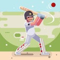Batsman hits ball batting sport game cricket baseball bat field character flat design vector illustration Royalty Free Stock Photo