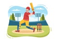 Batsman Playing Cricket Sports with Ball and Stick in Flat Cartoon Field Background Illustration Royalty Free Stock Photo