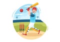 Batsman Playing Cricket Sports with Ball and Stick in Flat Cartoon Field Background Illustration Royalty Free Stock Photo