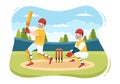 Batsman Playing Cricket Sports with Ball and Stick in Flat Cartoon Field Background Illustration Royalty Free Stock Photo