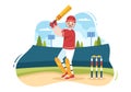 Batsman Playing Cricket Sports with Ball and Stick in Flat Cartoon Field Background Illustration Royalty Free Stock Photo