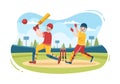 Batsman Playing Cricket Sports with Ball and Stick in Flat Cartoon Field Background Illustration Royalty Free Stock Photo