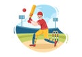 Batsman Playing Cricket Sports with Ball and Stick in Flat Cartoon Field Background Illustration Royalty Free Stock Photo