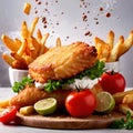 Batter fried fish and chips, traditional British cuisine