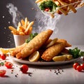 Batter fried fish and chips, traditional British cuisine