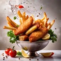 Batter fried fish and chips, traditional British cuisine