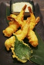 Batter fried tempura shrimps with wasabi mayonnaise and soya sauce, japaneese food speciality Royalty Free Stock Photo