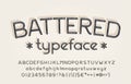 Battered alphabet font. Shabby vintage letters, numbers and symbols. Uppercase and lowercase.