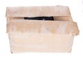 Battered cartboard box isolated on white Royalty Free Stock Photo