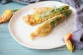 Battered and Fried Baby Courgette or Zucchini Squash Blossoms Royalty Free Stock Photo