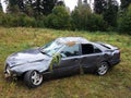 A Battered Gray Car Sedan Lies In A Roadside Ditch Among The Lush Green Foliage Of The Bush In The Summer. Road Traffic Incident.