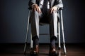 Battered Man injured leg using crutches. Generate Ai