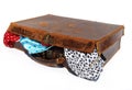 Battered old brown leather suitcase with underwear Royalty Free Stock Photo