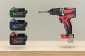 Batteries for cordless tools. Batteries for a screwdriver of different capacities and different sizes. Electric drill Royalty Free Stock Photo