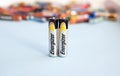 Batteries finger for devices. Alkaline batteries Energizer, copyspace. Editorial Ukraine 12.02.2023
