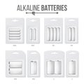 Batteries Packed Set Vector. Different Types AAA, AA, C, D, PP3, 9 Volt. Alkaline Battery In Blister. Realistic Glossy Royalty Free Stock Photo