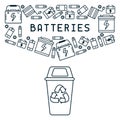 Batteries recycling illustration with trash, dumpster and lettering