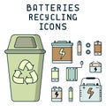 Batteries recycling illustration with trash, dumpster and lettering