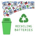 Batteries recycling illustration with trash, dumpster and lettering