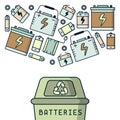 Batteries recycling illustration with trash and dumpster Royalty Free Stock Photo