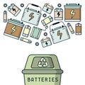 Batteries recycling illustration with trash and dumpster