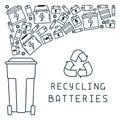 Batteries recycling illustration with trash and dumpster