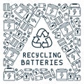 Batteries recycling illustration with trash and lettering