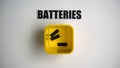 Batteries written near container, harmful chemicals sorting problem, recycling