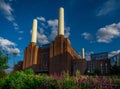 Battersea, London, UK: Battersea Power Station north facade with flowers