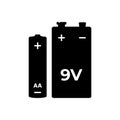 Battery AA and 9 Volts Silhouette. Black and White Icon Design Elements on Isolated White Background