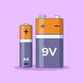 Battery AA and 9 Volts Vector Icon Illustration with Outline for Design Element, Clip Art, Web, Landing page, Sticker, Banner. Royalty Free Stock Photo