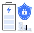 Battery with Lightning Bolt, Blue Shield with Lock, and Bar Graph Representing Power and Security Royalty Free Stock Photo