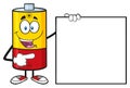 Battery Cartoon Mascot Character Pointing To A Blank Sign