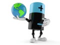 Battery character holding world globe