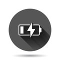 Battery charge icon in flat style. Power level vector illustration on black round background with long shadow effect. Lithium