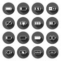 Battery charge icon set in flat style. Power level vector illustration on black round background with long shadow effect. Lithium