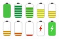 Battery charge indicator icons. Phone charge level, color collection of charge power. Discharged and fully charged battery. Royalty Free Stock Photo