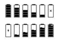 Battery charge indicator icons set. Charging level full power high to low and lightning. Mobile gadget alkaline energy Royalty Free Stock Photo