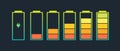 Battery charge indicator icons set. Charging level full power low to high up and electric plug. Gadget alkaline energy Royalty Free Stock Photo